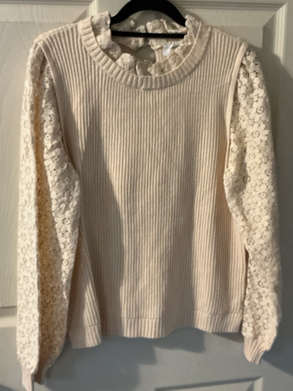 Anniewear Cream Ribbed Knit Sweater Floral Lace Balloon Sleeves